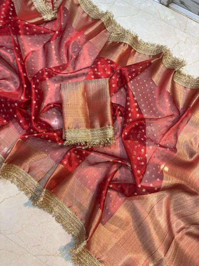 Banarasi Tissue Silk Saree with Handcrafted Designer Lace Border - View 3
