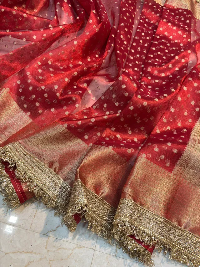 Banarasi Tissue Silk Saree with Handcrafted Designer Lace Border - View 5