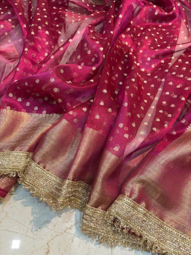 Banarasi Tissue Silk Saree with Handcrafted Designer Lace Border - View 10