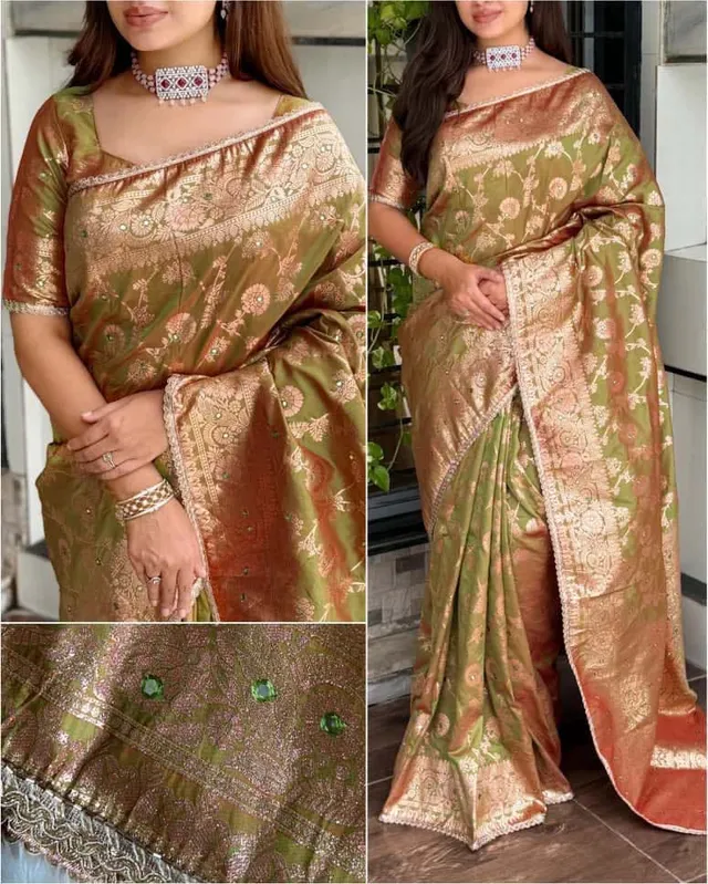 Luxurious Banarasi Zari Weave Saree with Mirror Highlights - View 3