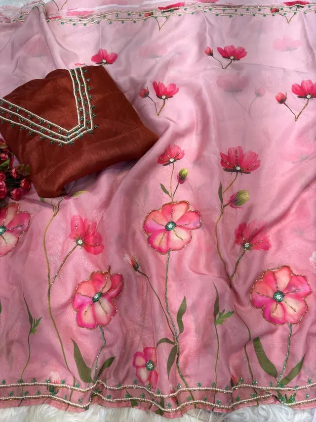Pure Soft Organza Tebby Silk Saree - Floral Elegance Edition - View 7