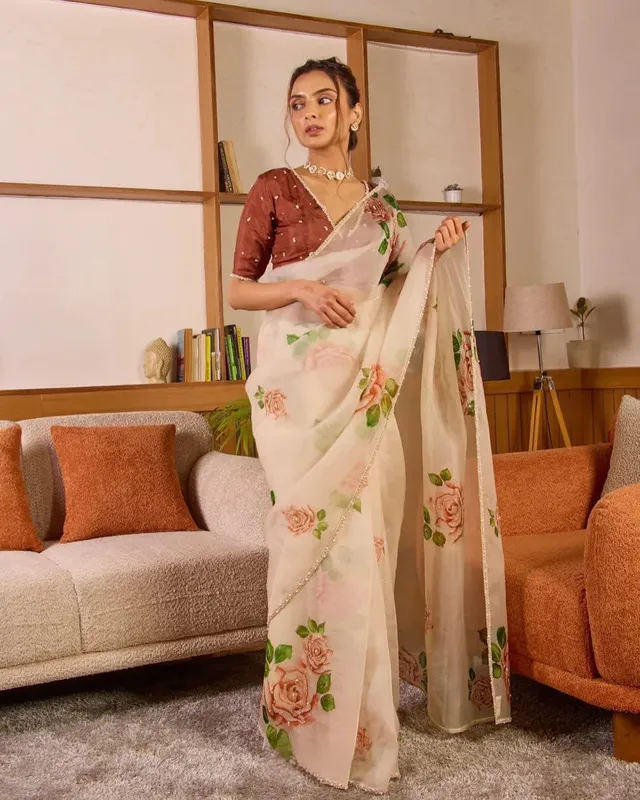 Pure Soft Tebby Silk Floral Saree with Heavy Khatli Moti Handwork
