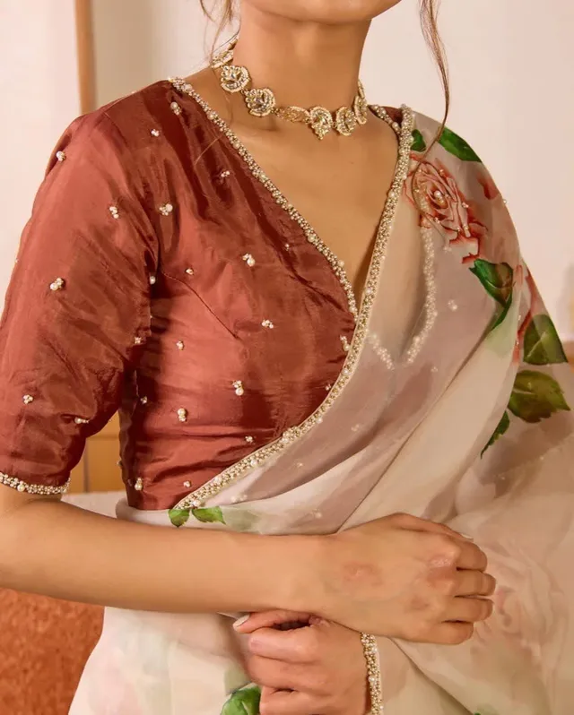 Pure Soft Tebby Silk Floral Saree with Heavy Khatli Moti Handwork - View 2