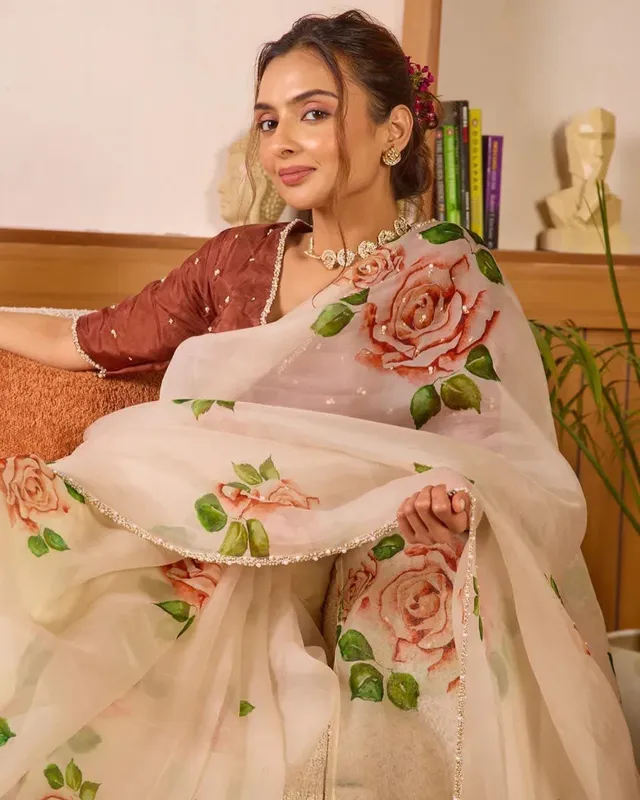 Pure Soft Tebby Silk Floral Saree with Heavy Khatli Moti Handwork - View 3