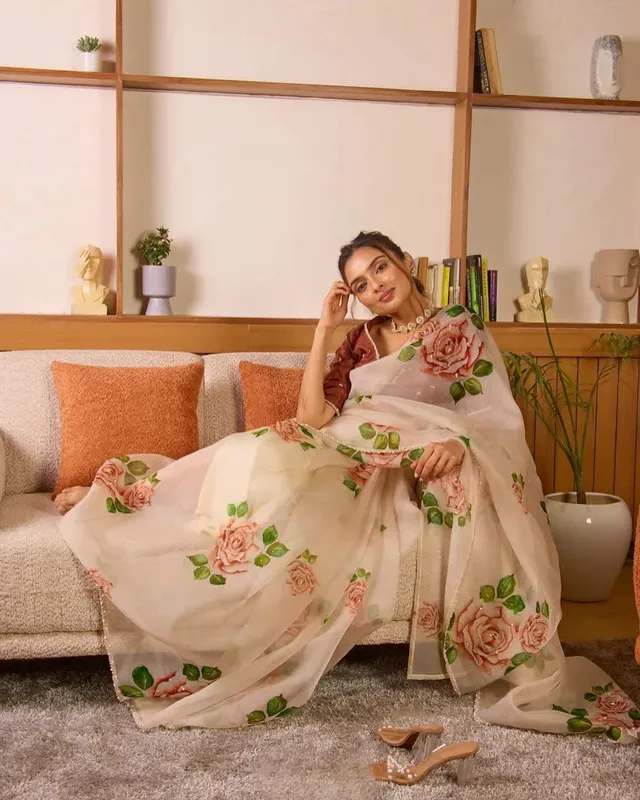 Pure Soft Tebby Silk Floral Saree with Heavy Khatli Moti Handwork - View 4