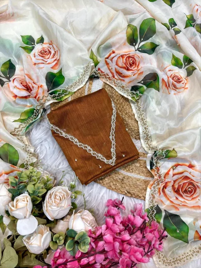 Pure Soft Tebby Silk Floral Saree with Heavy Khatli Moti Handwork - View 5