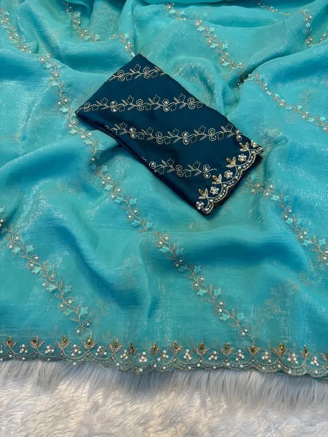 Soft Crunchy Embroidered Saree With Stone Work - View 3
