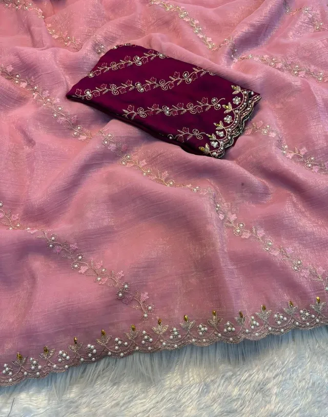 Soft Crunchy Embroidered Saree With Stone Work - View 4