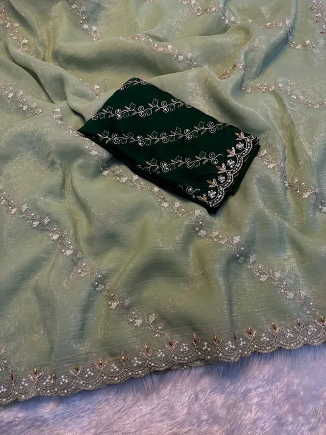 Soft Crunchy Embroidered Saree With Stone Work - View 6