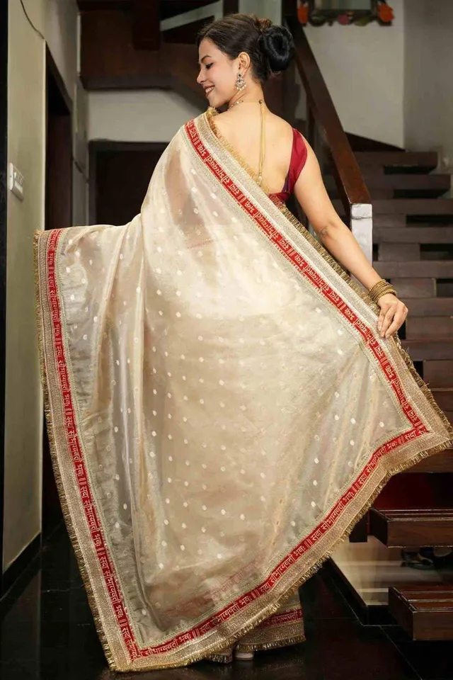 Banarasi Premium Tissue Silk White-Red Saree - View 3
