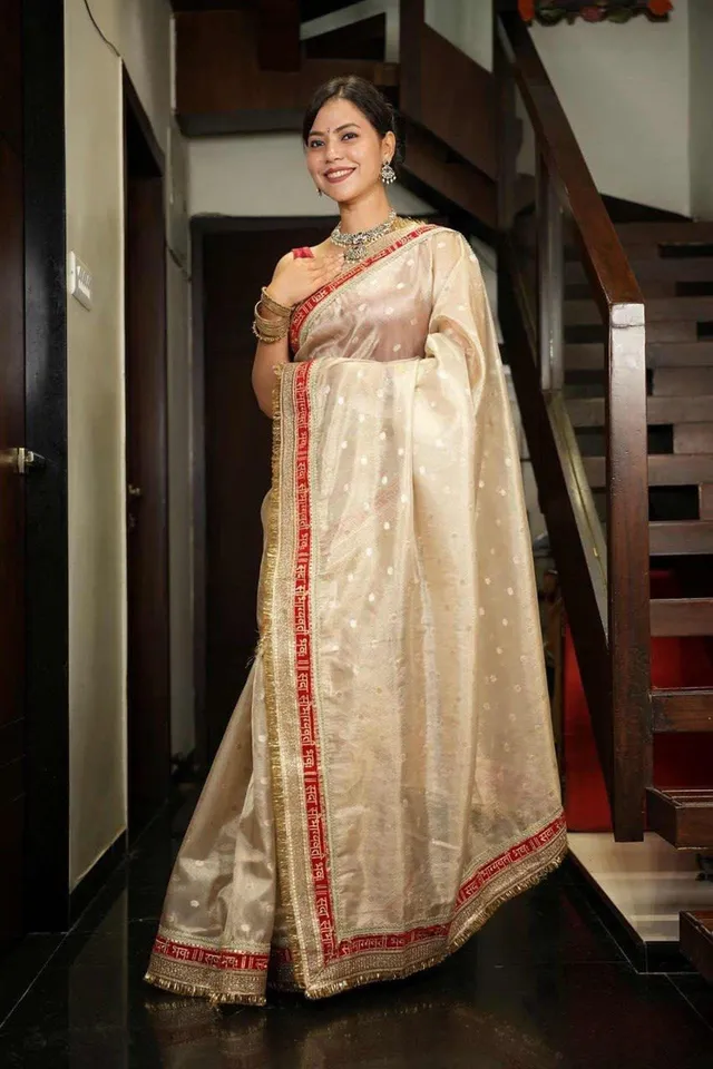 Banarasi Premium Tissue Silk White-Red Saree - View 6
