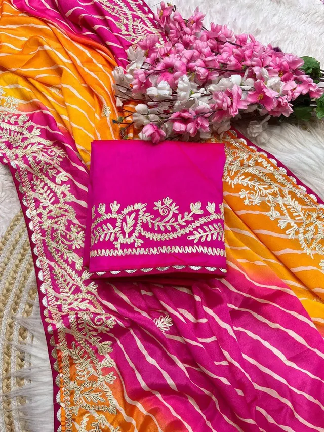 Chinnon Fabric Digital Leheriya Saree with Ribbon Work