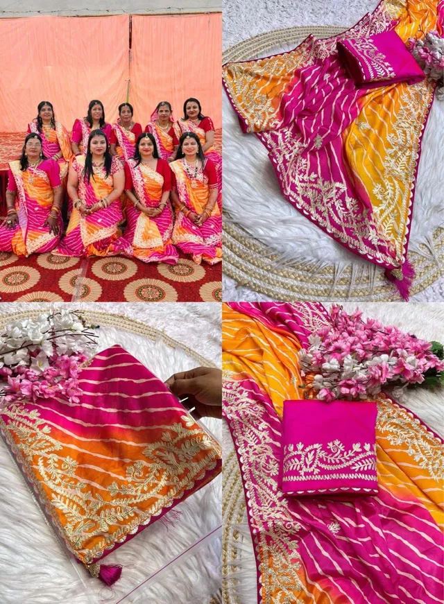 Chinnon Fabric Digital Leheriya Saree with Ribbon Work - View 2