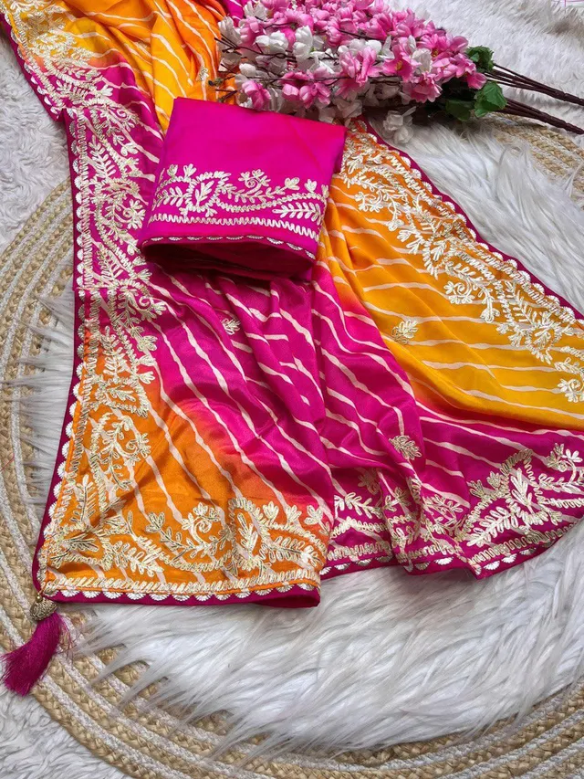 Chinnon Fabric Digital Leheriya Saree with Ribbon Work - View 3