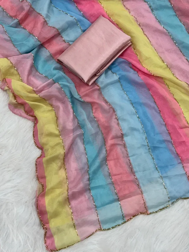 Heavy Tabby Organza Saree - Beads & Katdana - View 2