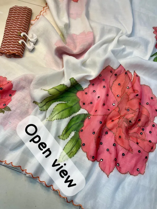 Elegant White Linen Saree with Red Floral & Mirror Work