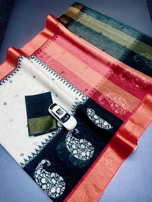 Premium Linen Saree with Gold Jari Border - View 2