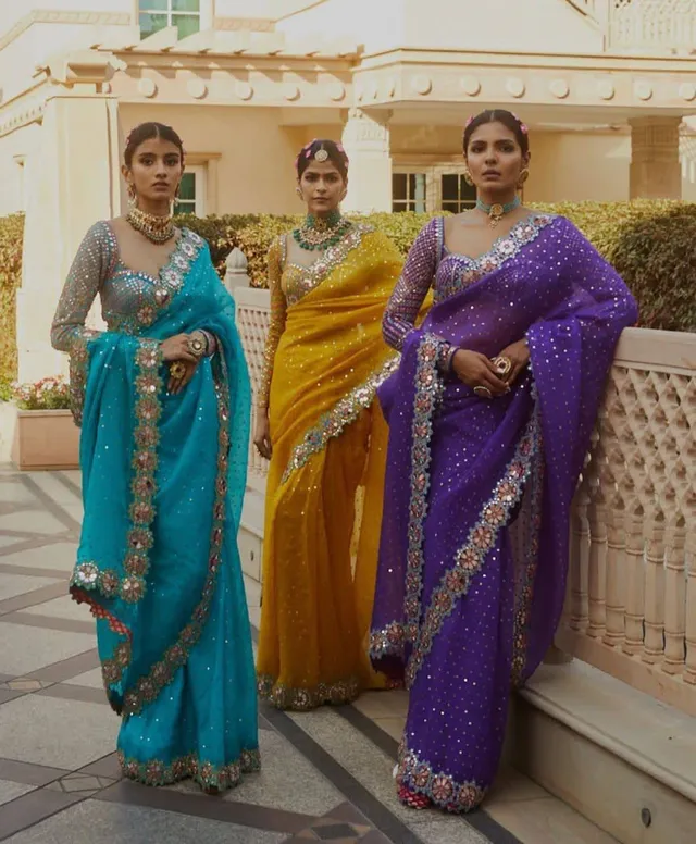 Designer Mirror Work Party Wear Saree with Stitched Blouse - Silk Saree Online India - Buy at ₹1850 - Image 1