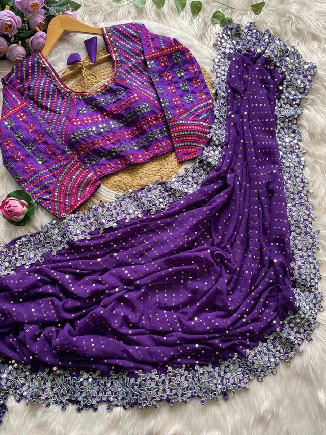 Designer Mirror Work Party Wear Saree with Stitched Blouse - View 5