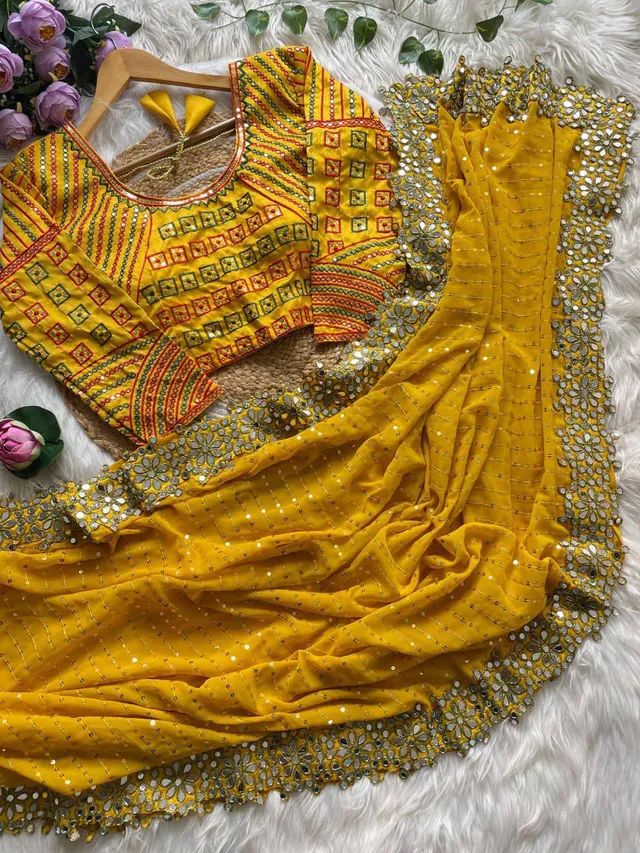Designer Mirror Work Party Wear Saree with Stitched Blouse - View 8