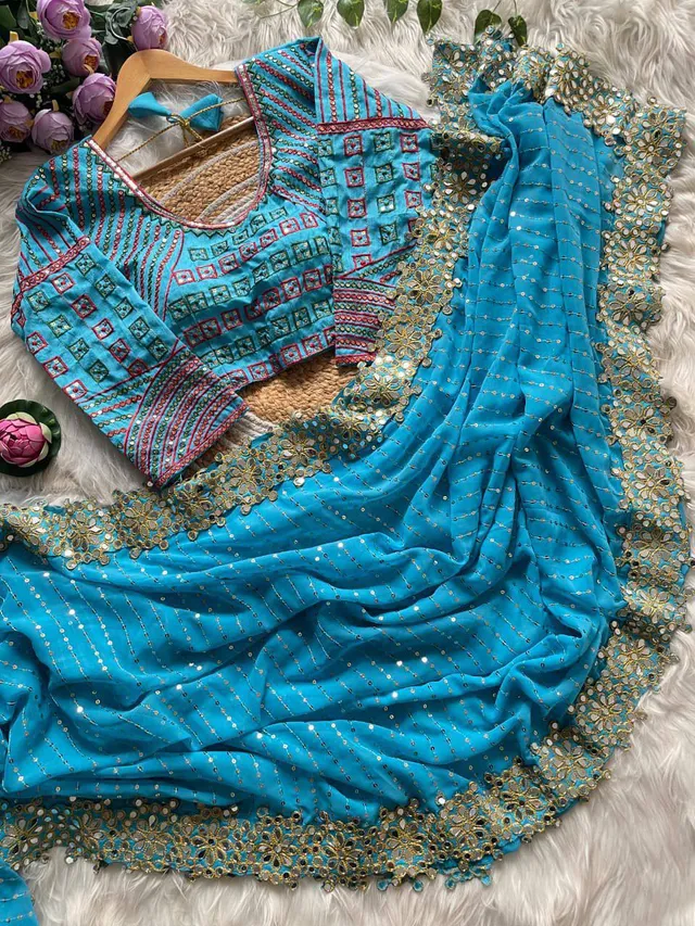 Designer Mirror Work Party Wear Saree with Stitched Blouse - View 9
