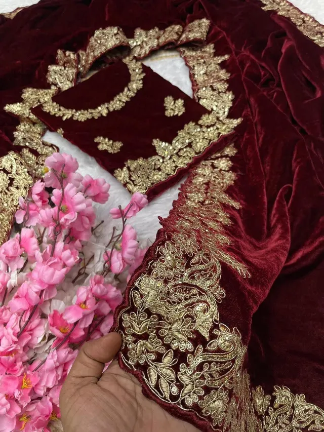 Designer Velvet Saree with Sequin & Jari Work - View 2