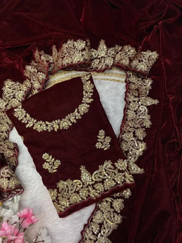 Designer Velvet Saree with Sequin & Jari Work - View 3