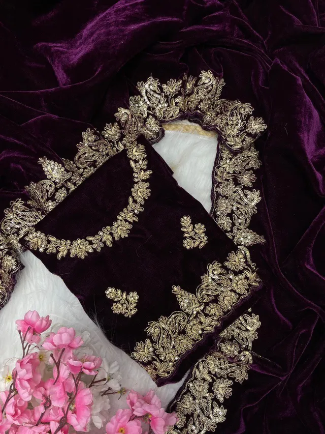 Designer Velvet Saree with Sequin & Jari Work - View 5