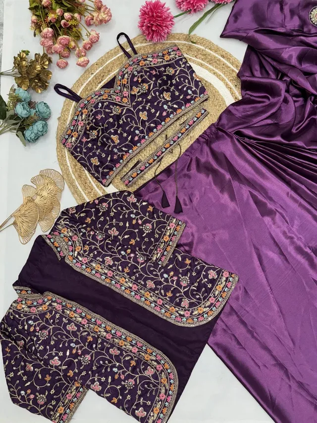 Purple Ready-to-Wear Embroidered Saree in Premium Rangoli Silk