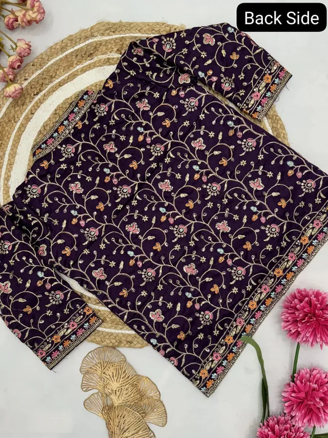 Purple Ready-to-Wear Embroidered Saree in Premium Rangoli Silk - Second View
