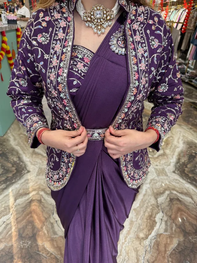 Purple Ready-to-Wear Embroidered Saree in Premium Rangoli Silk - View 3