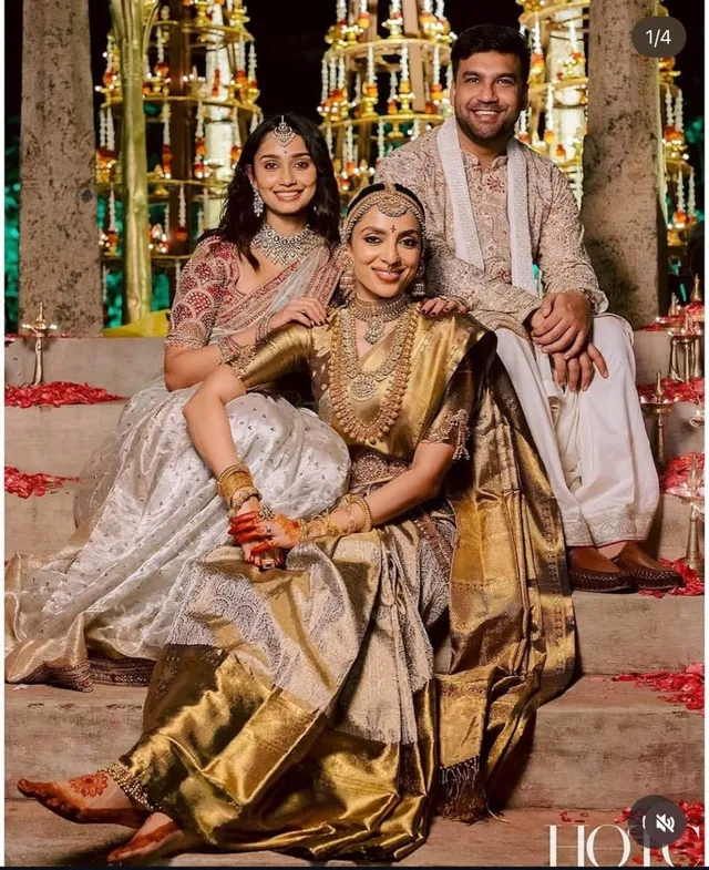 Actress Shobita-Inspired Banarasi Saree - Elegant Silver-Gold Weave
