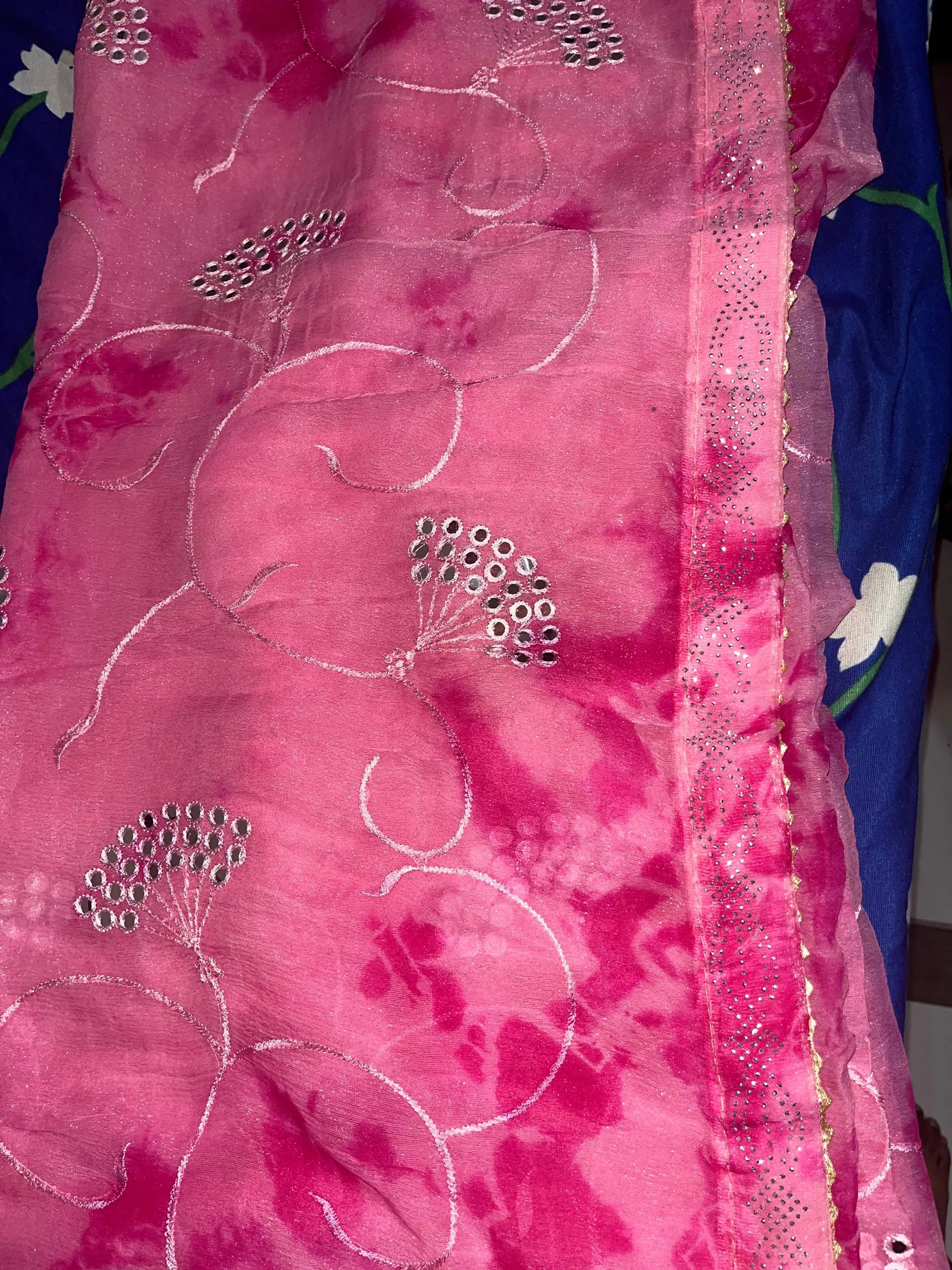Light Pink Mirror Embroidery Saree with Jarkan Lace Border - View 3