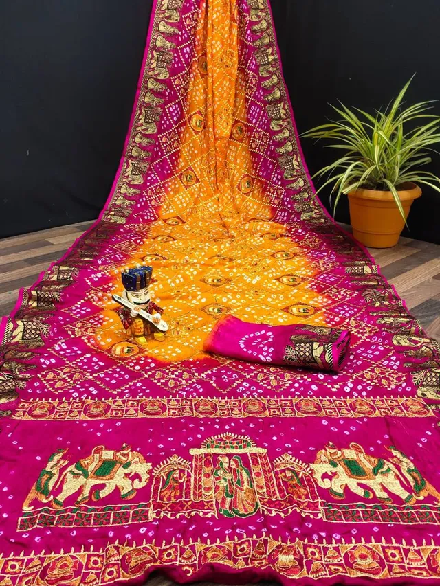 Traditional Bandhej Saree with Royal Kathiyawadi Embroidery