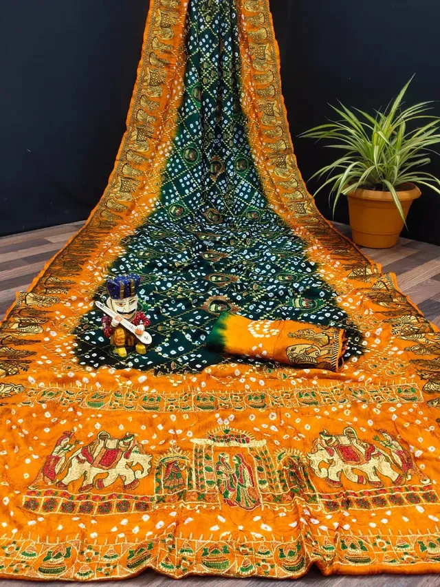 Traditional Bandhej Saree with Royal Kathiyawadi Embroidery - View 2