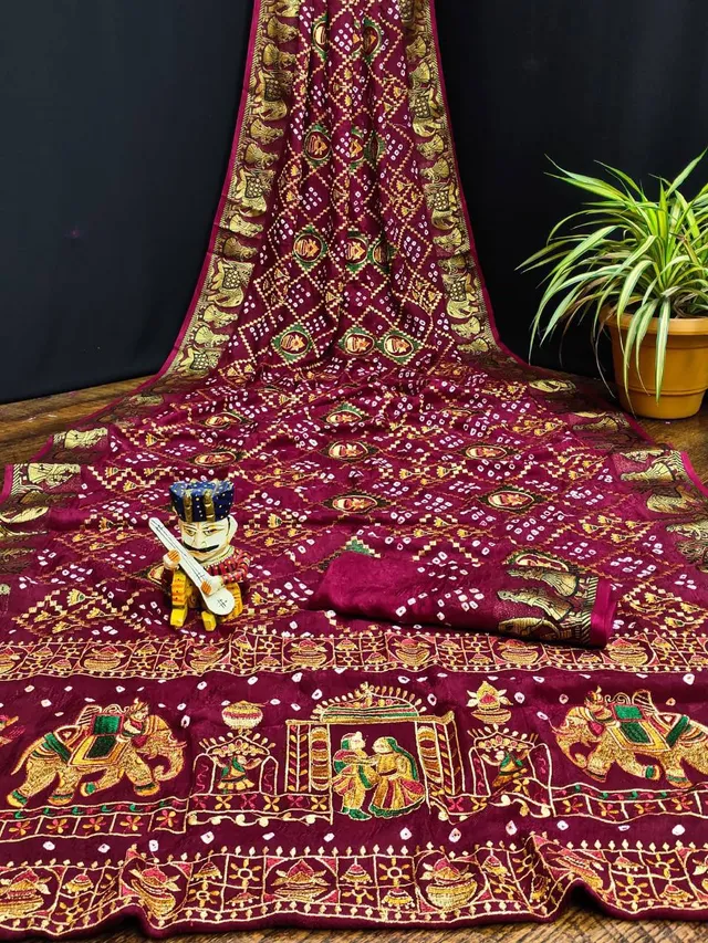 Traditional Bandhej Saree with Royal Kathiyawadi Embroidery - View 3