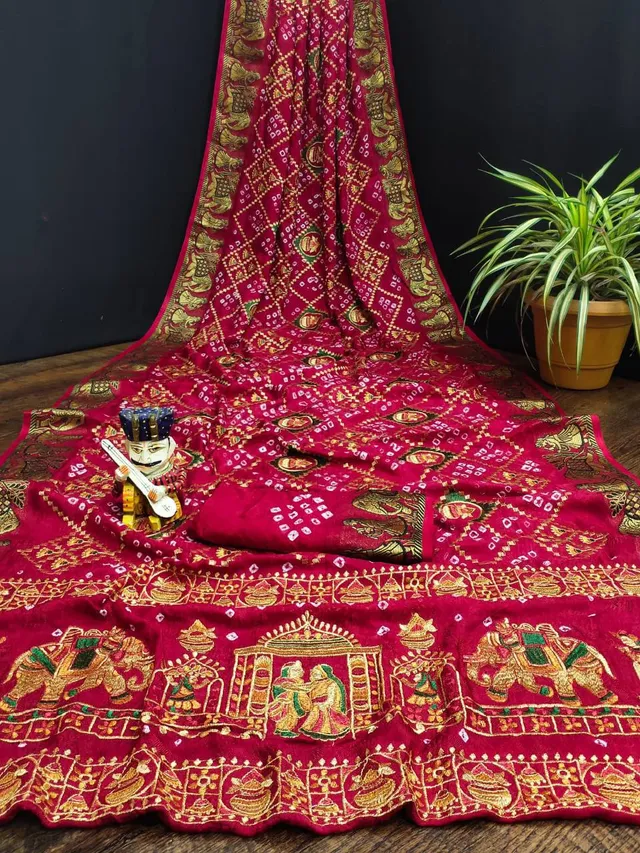 Traditional Bandhej Saree with Royal Kathiyawadi Embroidery - View 4