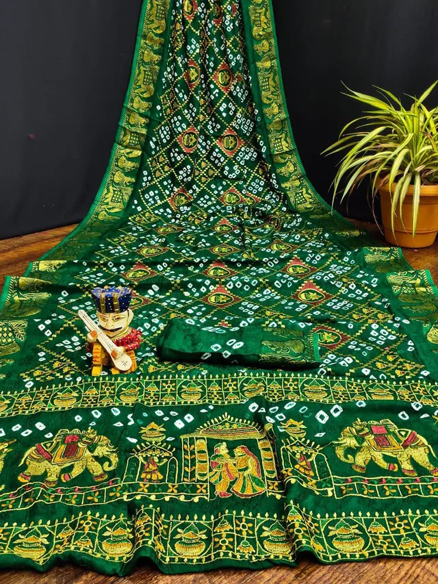 Traditional Bandhej Saree with Royal Kathiyawadi Embroidery - View 5