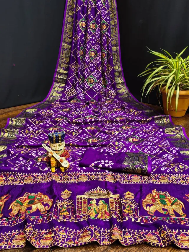 Traditional Bandhej Saree with Royal Kathiyawadi Embroidery - View 6