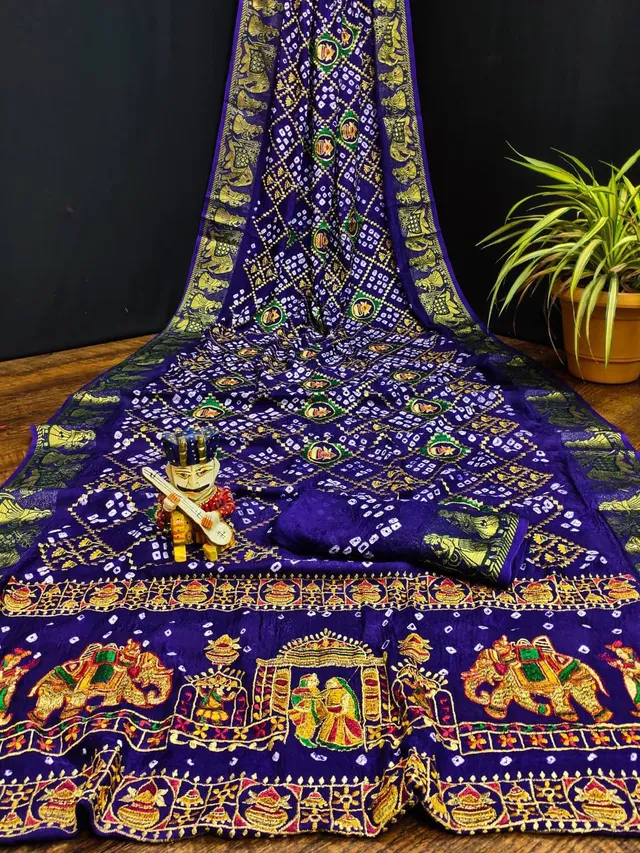 Traditional Bandhej Saree with Royal Kathiyawadi Embroidery - View 7