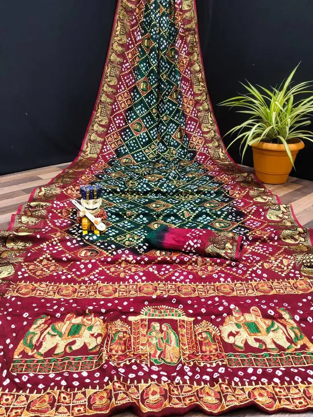 Traditional Bandhej Saree with Royal Kathiyawadi Embroidery - View 9