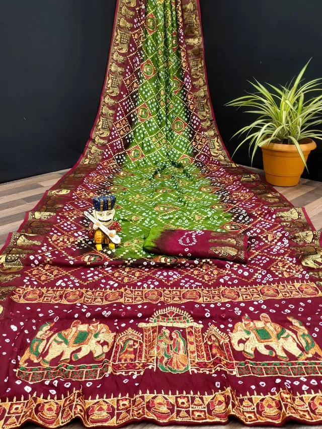 Traditional Bandhej Saree with Royal Kathiyawadi Embroidery - View 10