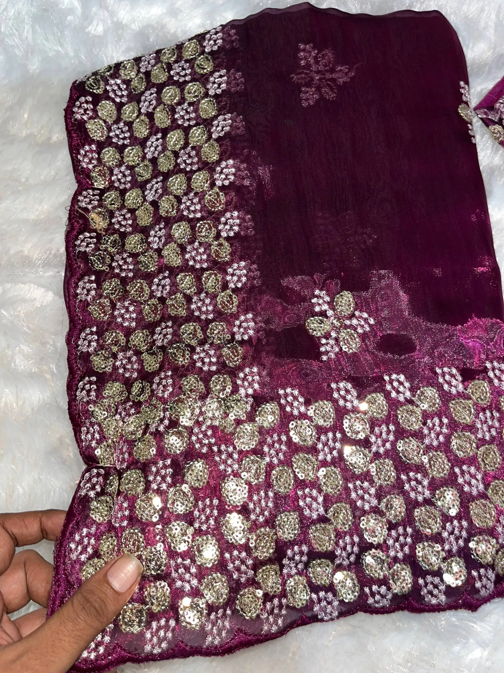 Maroon Sequin Embroidered Saree with Stitched Blouse (Size 38-42") - View 3
