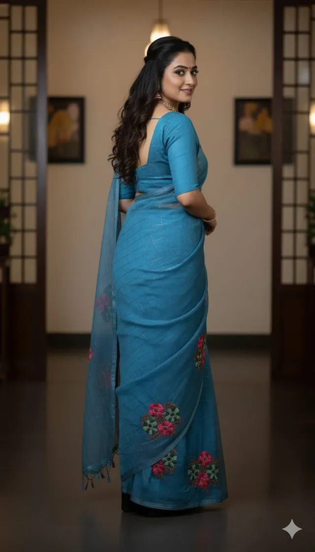 Blue Cotton Mix Saree - Golden Zari & Floral - View 2