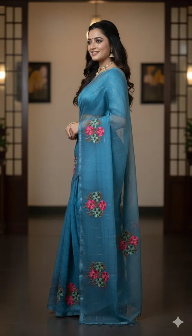 Blue Cotton Mix Saree - Golden Zari & Floral - View 3