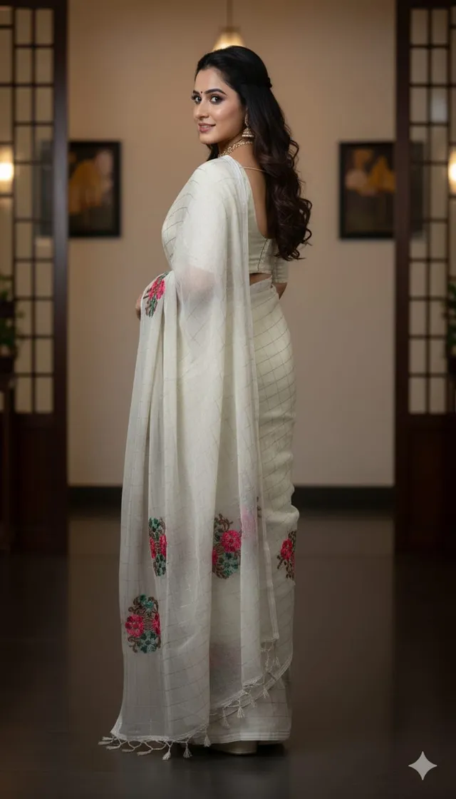 Cotton Mix Saree - Golden Zari & Floral Work - View 2
