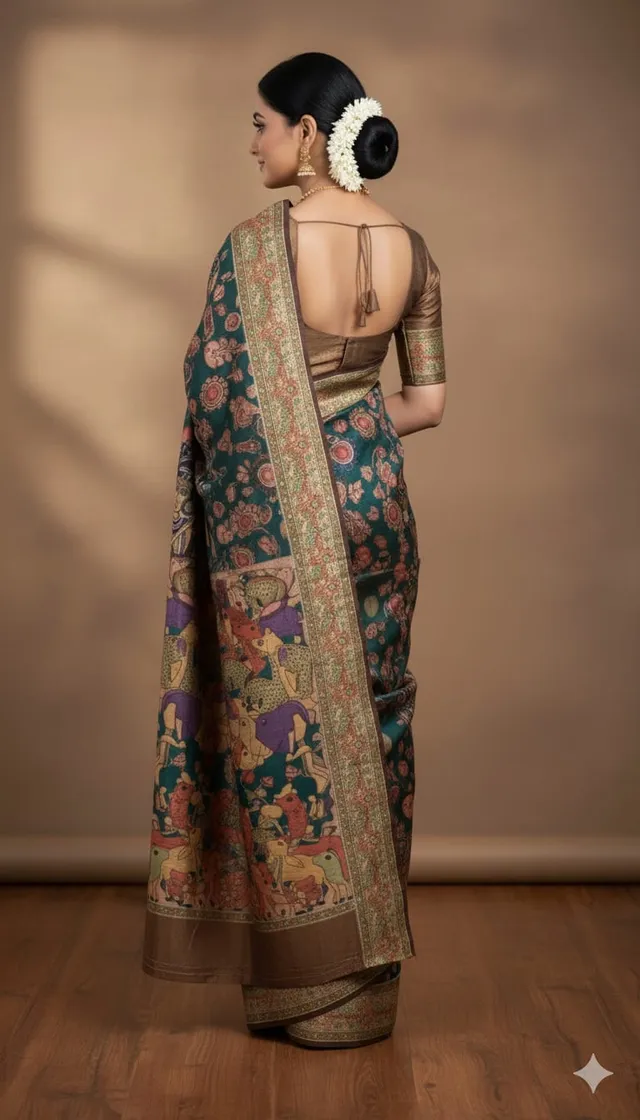 Kalamkari Silk Saree with Traditional Print - View 2