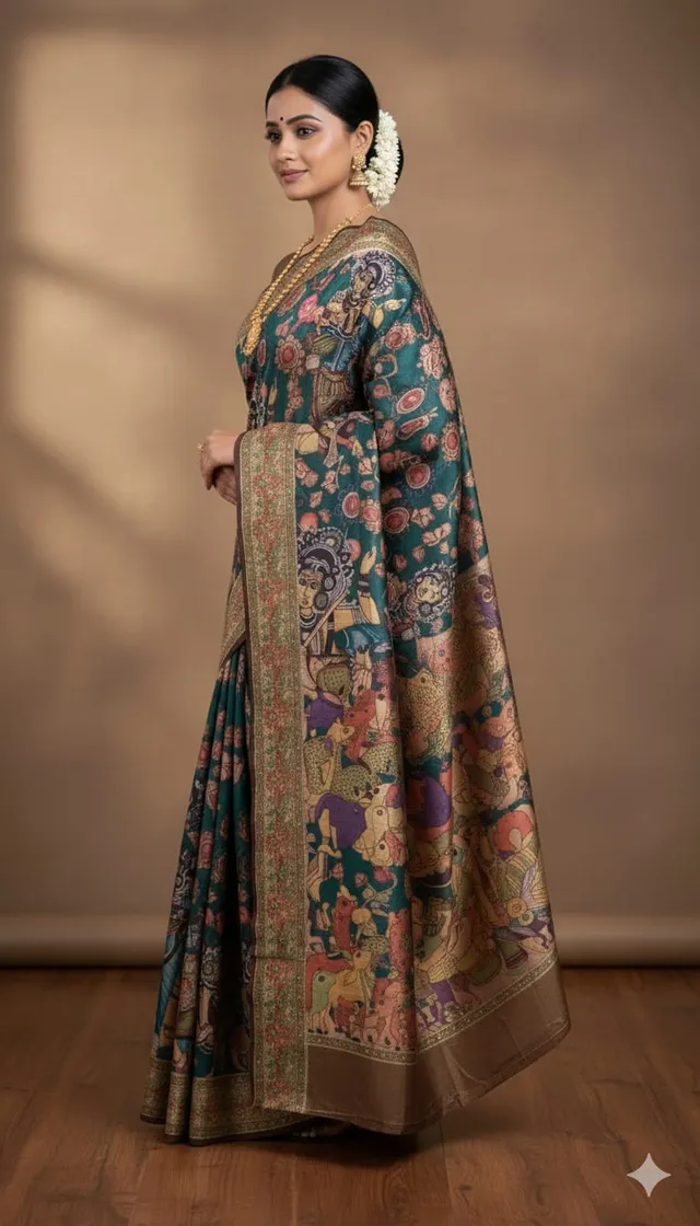 Kalamkari Silk Saree with Traditional Print - View 3