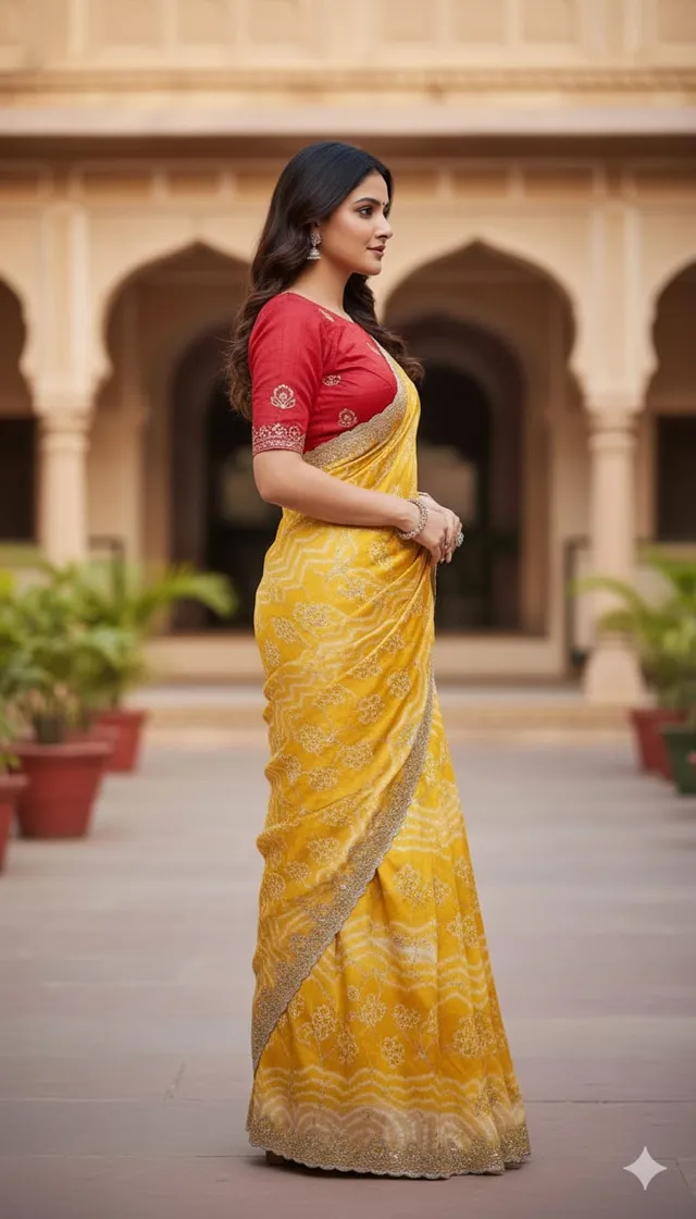 Yellow Satin Chiffon Saree with Sequins Handwork - Chiffon Saree Online India - Buy at ₹1150 - Image 1