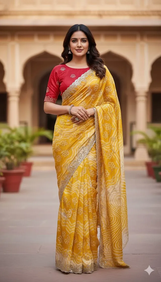 Yellow Satin Chiffon Saree with Sequins Handwork - View 2